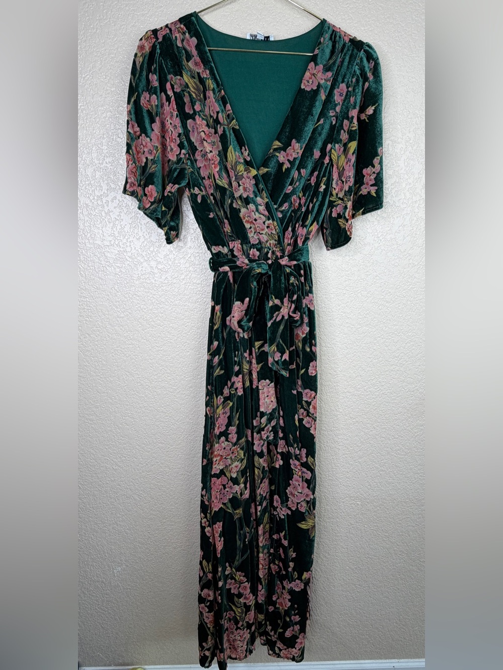 Baltic Born Uma Velvet Maxi Dress green with pink floral pattern Large GUC - Picture 3 of 13